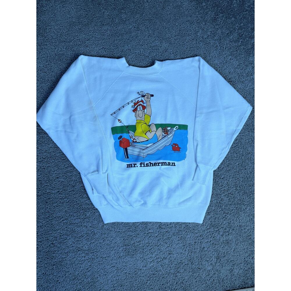 Vintage Sharky's Mr. Fisherman Sweatshirt Mens Large White Crewneck Pullover 80s